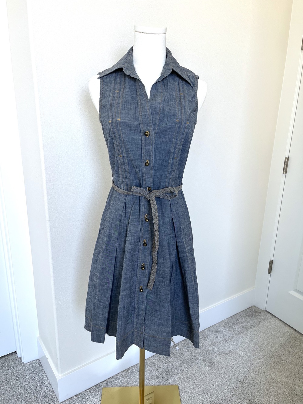 Vintage Trina Turk Denim Belted Shirtdress with Brass Buttons - Size 4